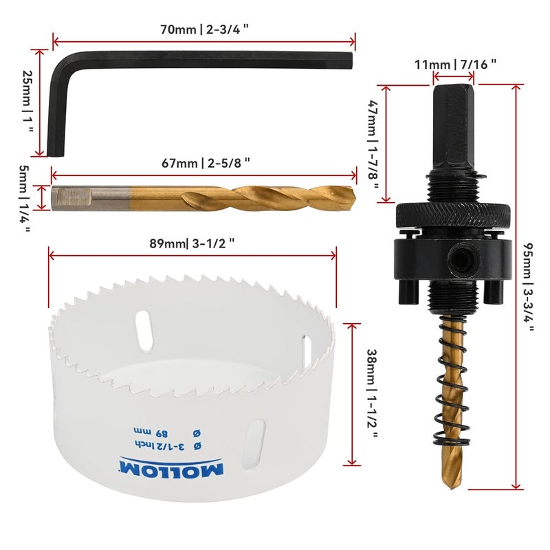 Mollom (89mm | 3-1/2") HSS M42 with 8% Cobalt BI-Metal Hole Saw with 2 Pilot Drill Bits & Arbor Smooth Cutting for PVC,Drywall,Wood,Plastic,Gypsum Board,Rubber - Image 2